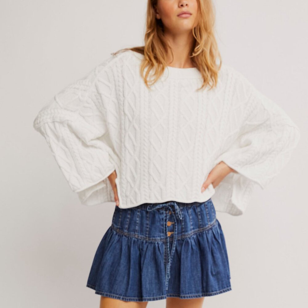 Free People White Cable Knit Crewneck Sweater